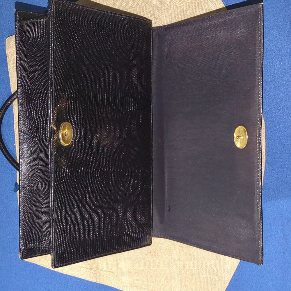 Vintage Peck & Peck Lizard Leather Black Handbag Yellow Asking Only $30 WOW - Picture 6 of 10
